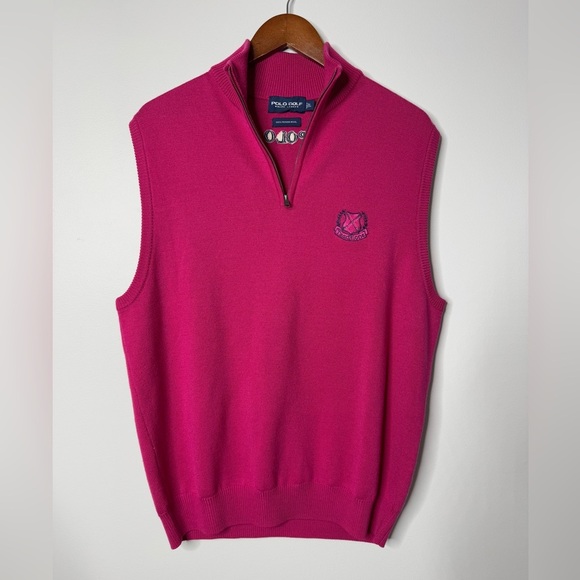 Vintage 90s Polo Ralph Lauren Golf Merino Wool Pink Quarter Zip Sweater Vest - Picture 1 of 6